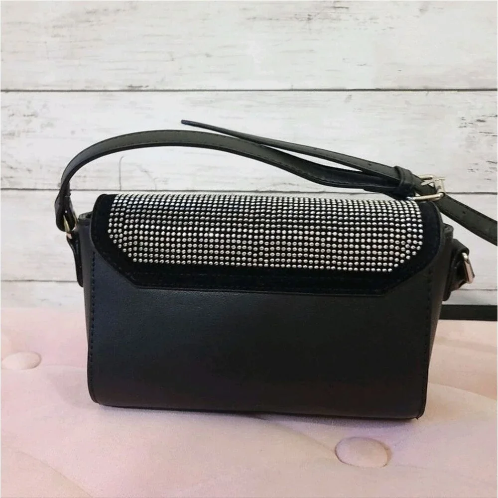 Valentino Orlandi Silver Studded Black Crossbody Bag Foldover Handbag Italy Luxe